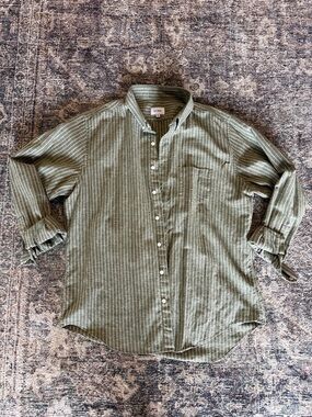 Elk Head Button-Down Olive Green Pinstriped Shirt